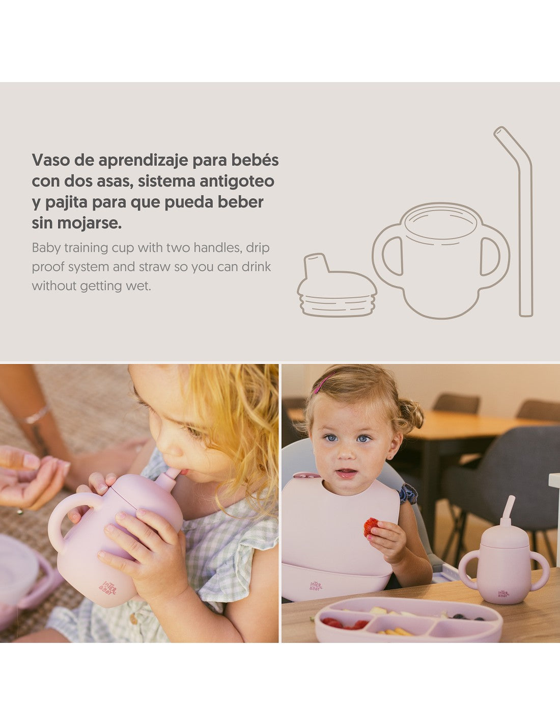 Vaso antiderrame de silicona con pajita Interbaby azul grisáceo