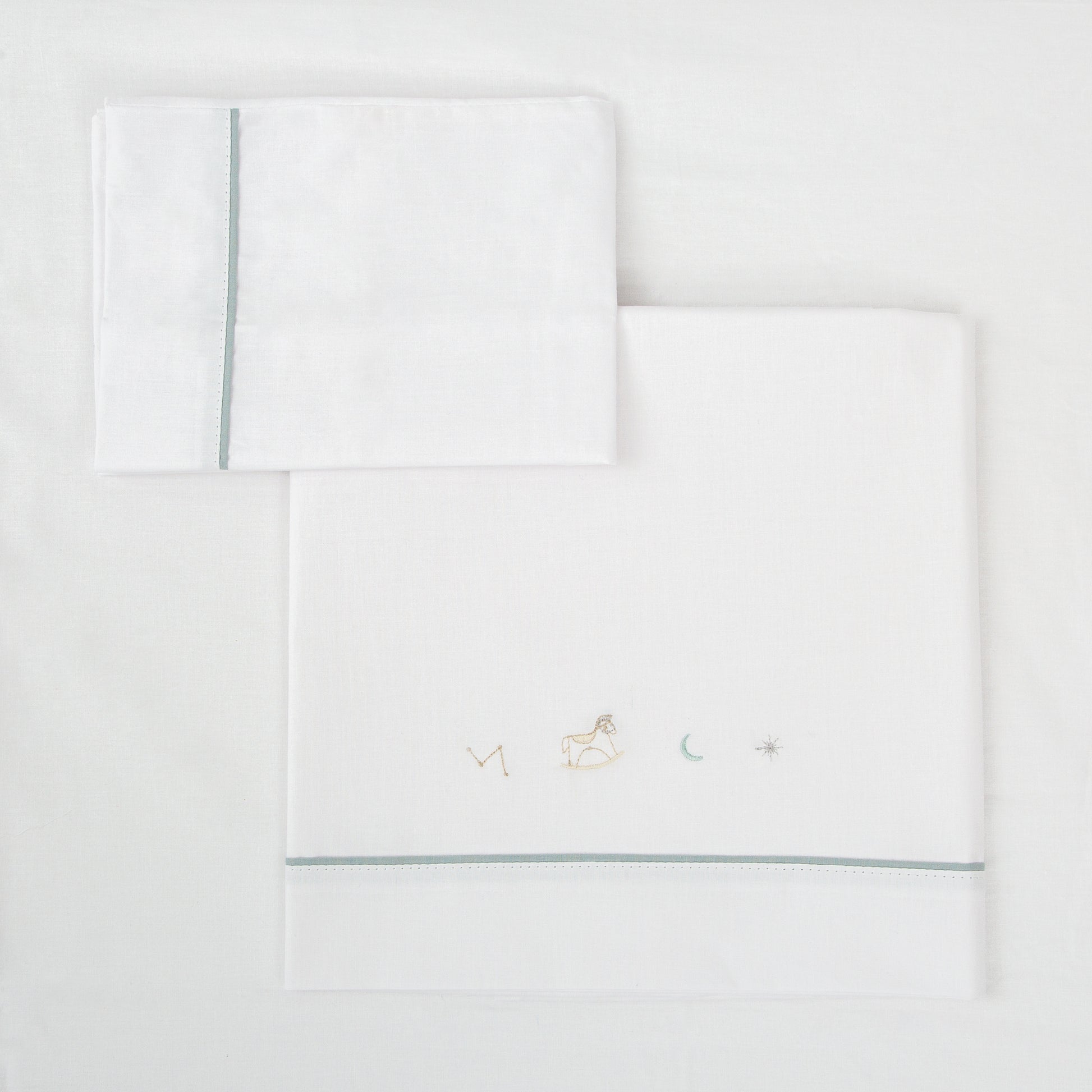 Juego sabanas algodon 100% 3 piezas Blue Sky Blanco Verde Minicuna (50x80-90)
