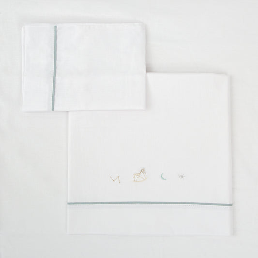 Juego sabanas algodon 100% 3 piezas Blue Sky Blanco Verde Minicuna (50x80-90)