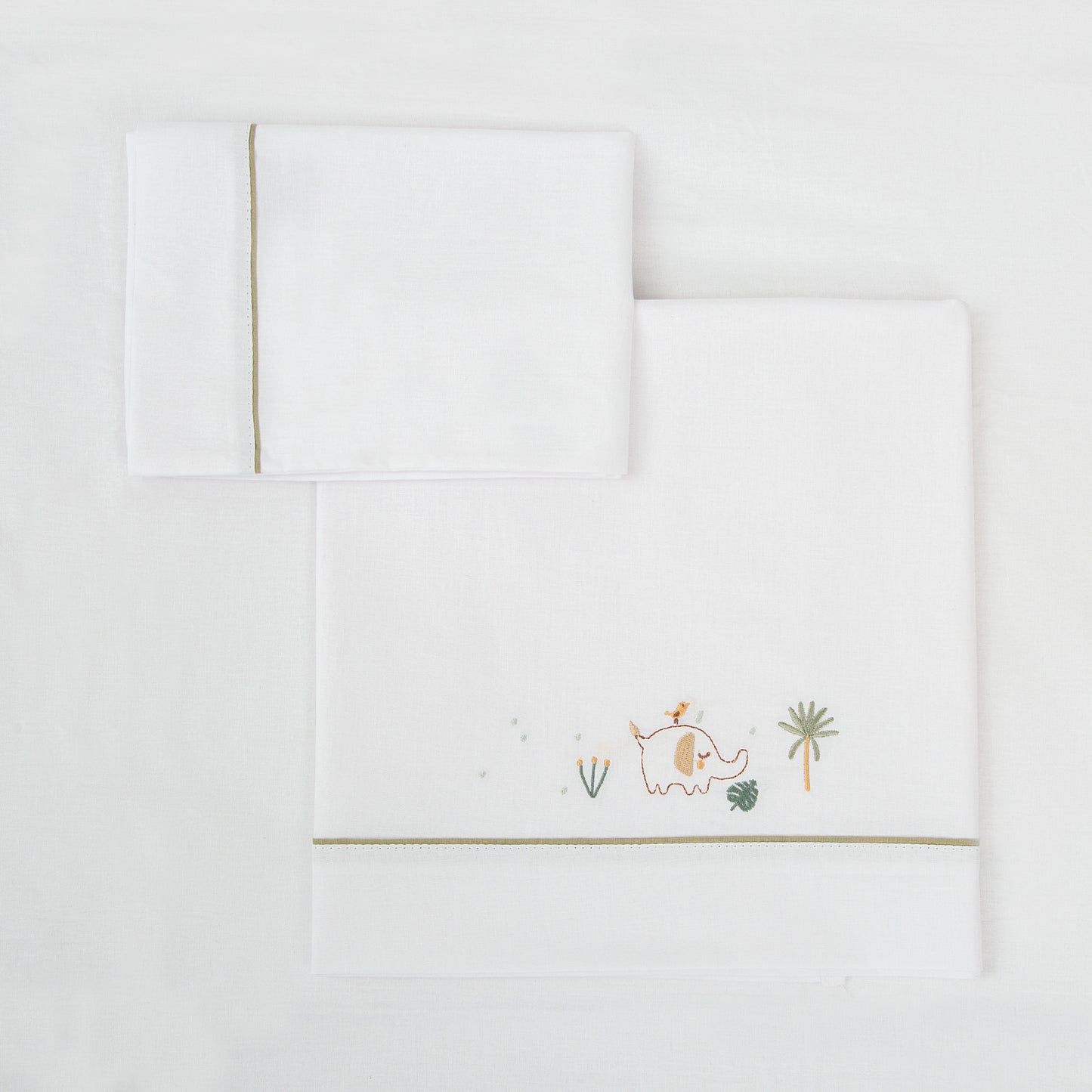 Juego sabanas algodon 100% 3 piezas Palm Blanco Verde Minicuna (50x80-90)