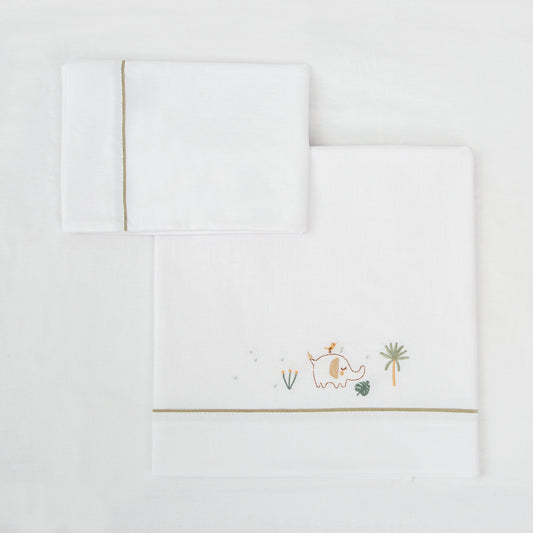 Juego sabanas algodon 100% 3 piezas Palm Blanco Verde Minicuna (50x80-90)