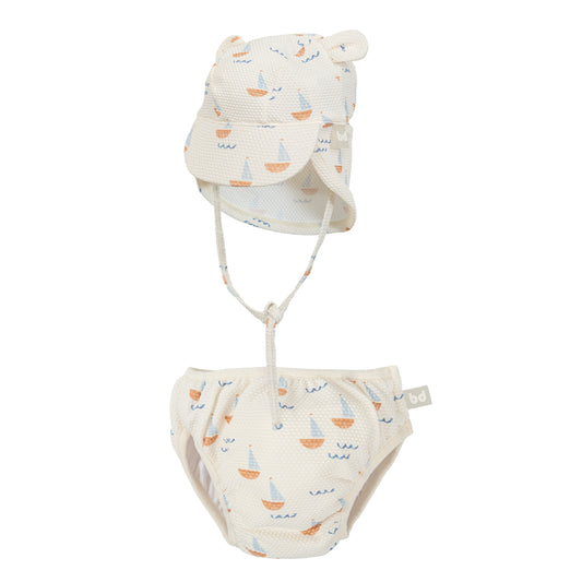 Bañador+gorra con protección solar Calypso Blanco Azul 3-12m