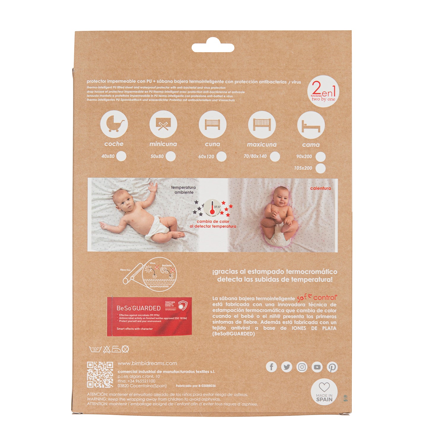 Sabana bajera cuna ajustable impermeable 2 en 1 - Termocontrol Safe Control Blanco Gris Coche (40x80)
