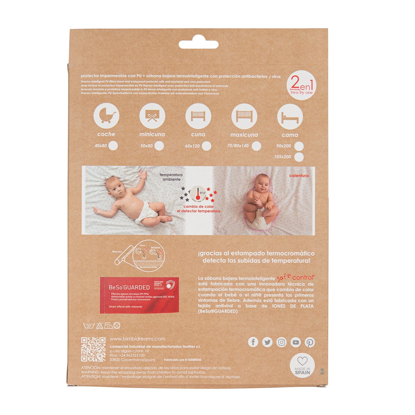 Sabana bajera cuna ajustable impermeable 2 en 1 - Termocontrol Safe Control Blanco Gris Maxicuna (70x140)*
