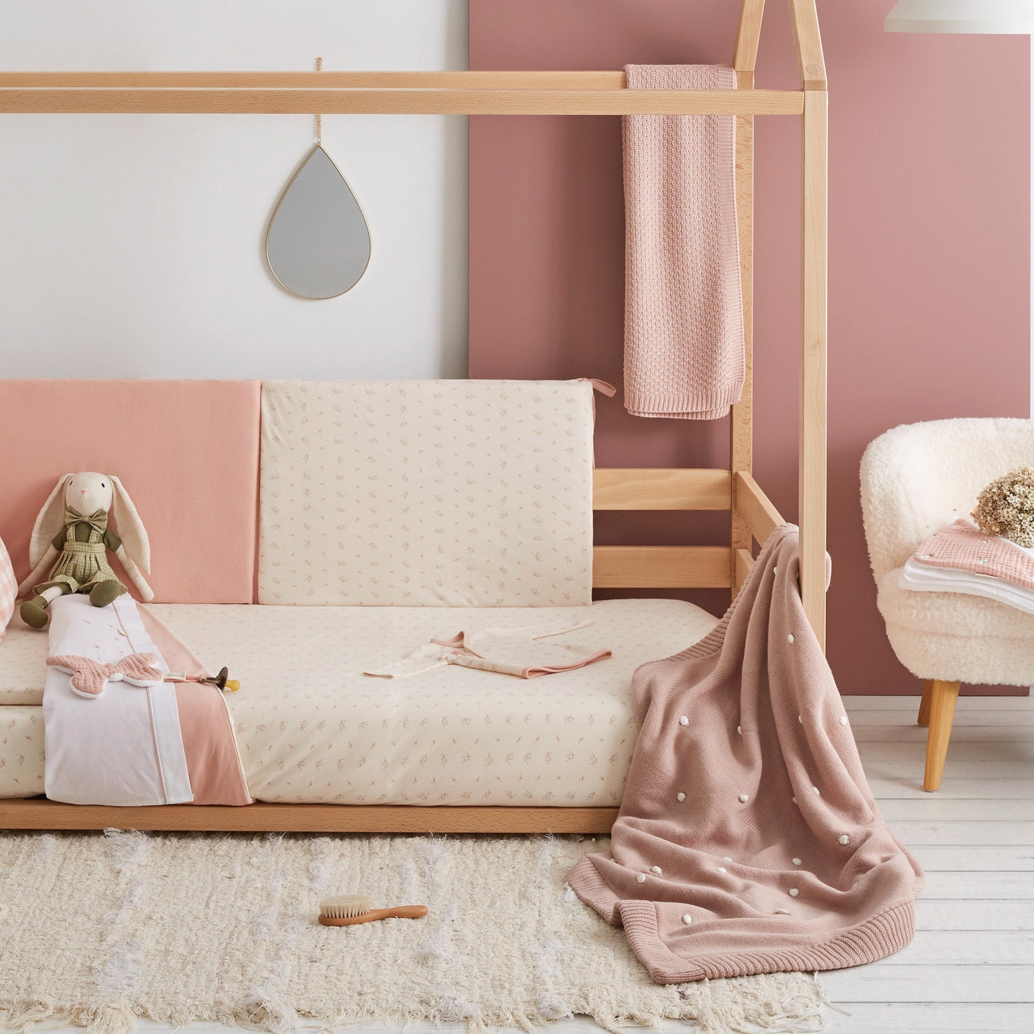 Manta doble cara tricot dots con Coralina HB Basics Rosa Empolvado 80x100