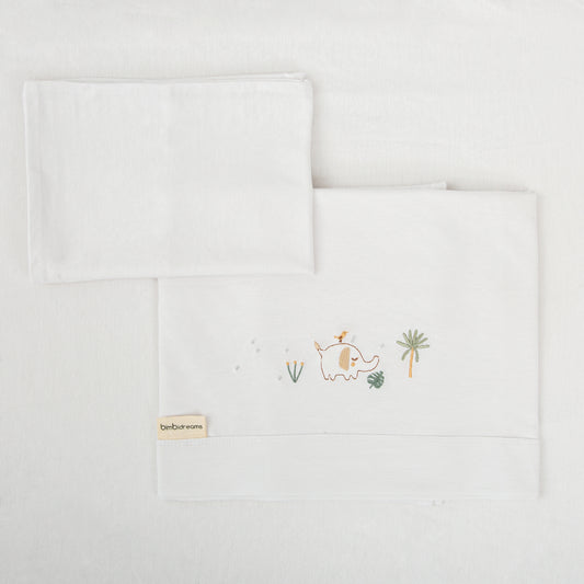 Juego sabanas punto jersey 3 piezas Palm Blanco Verde Minicuna (50x80-90)