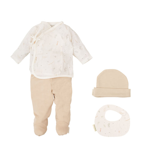 Set Nacimiento - 4p (jubon, Polaina, Gorrito y Babero 19x19) Botanic Beig 0-1 Mes