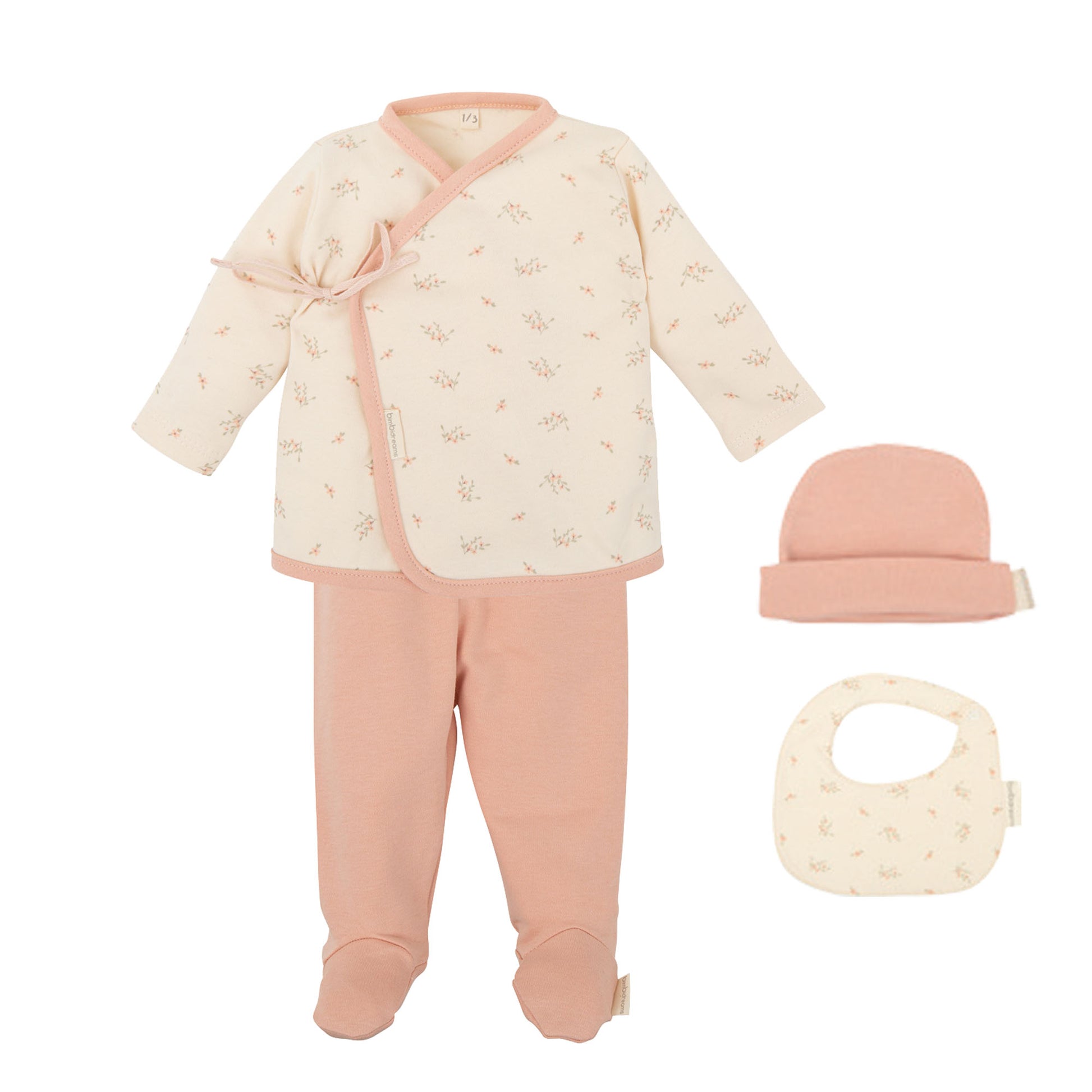 Set Nacimiento - 4p (jubon, Polaina, Gorrito y Babero 19x19) Dalia RE Rosa Empolvado 0-1 Mes