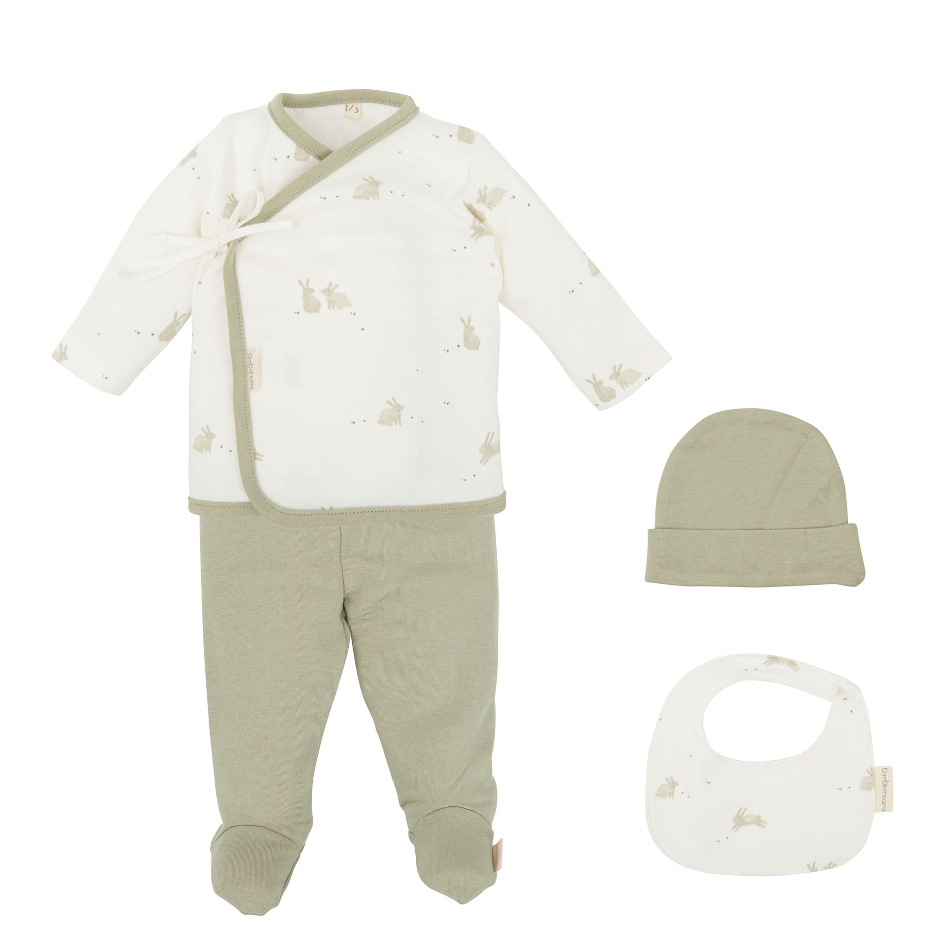 Set Nacimiento - 4p (jubon, Polaina, Gorrito y Babero 19x19) Bunny VM Verde Musgo 0-1 Mes