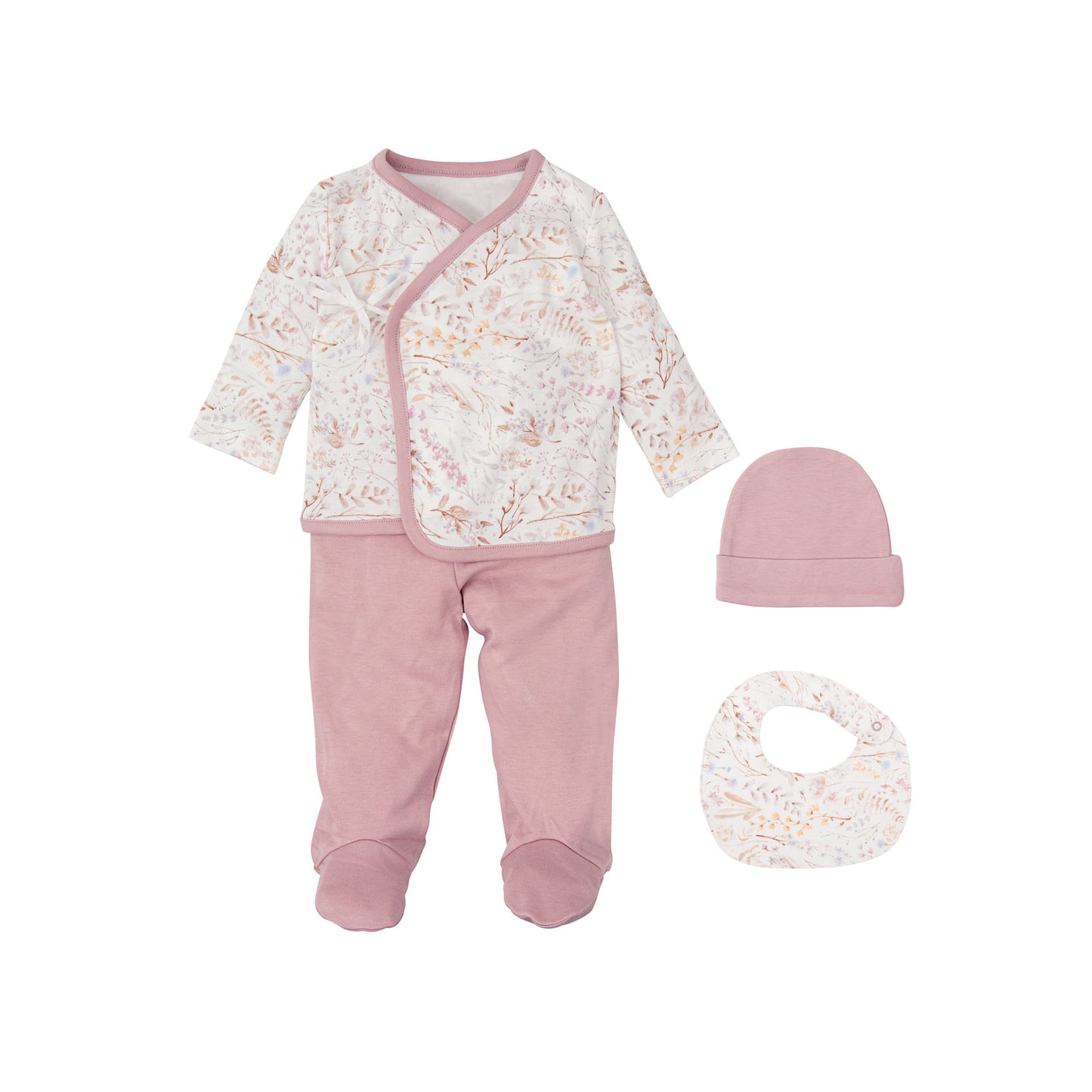 Set Nacimiento - 4p (jubon, Polaina, Gorrito y Babero 19x19) Niza Blanco Lila 0-1 Mes