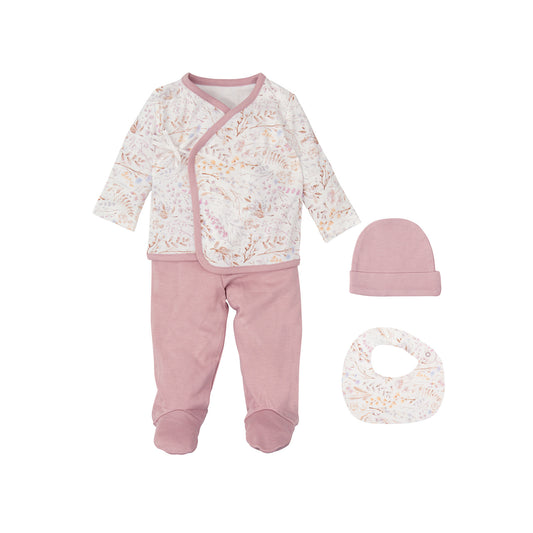 Set Nacimiento - 4p (jubon, Polaina, Gorrito y Babero 19x19) Niza Blanco Lila 0-1 Mes