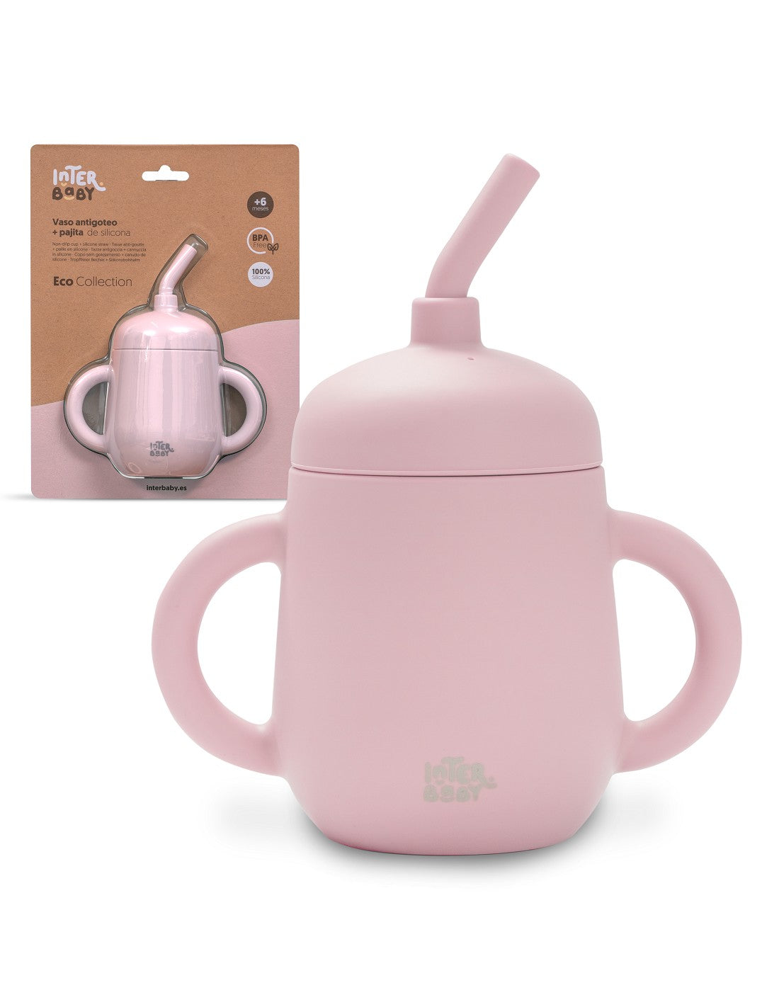 Vaso antiderrame de silicona con pajita Interbaby rosa