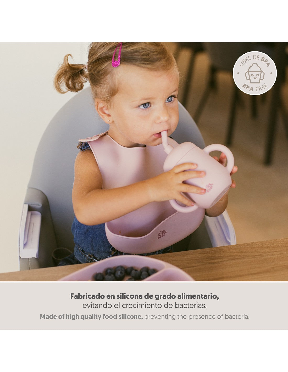 Vaso antiderrame de silicona con pajita Interbaby rosa