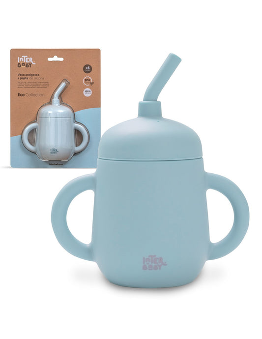 Vaso antiderrame de silicona con pajita Interbaby azul grisáceo