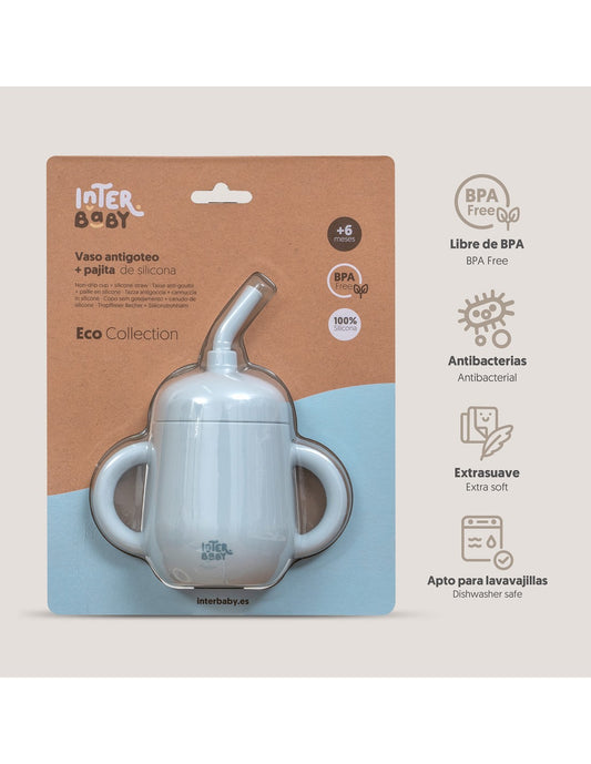 Vaso antiderrame de silicona con pajita Interbaby azul grisáceo