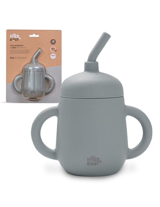 Vaso antiderrame de silicona con pajita Interbaby gris