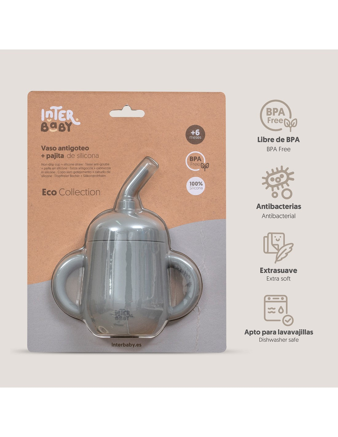 Vaso antiderrame de silicona con pajita Interbaby gris